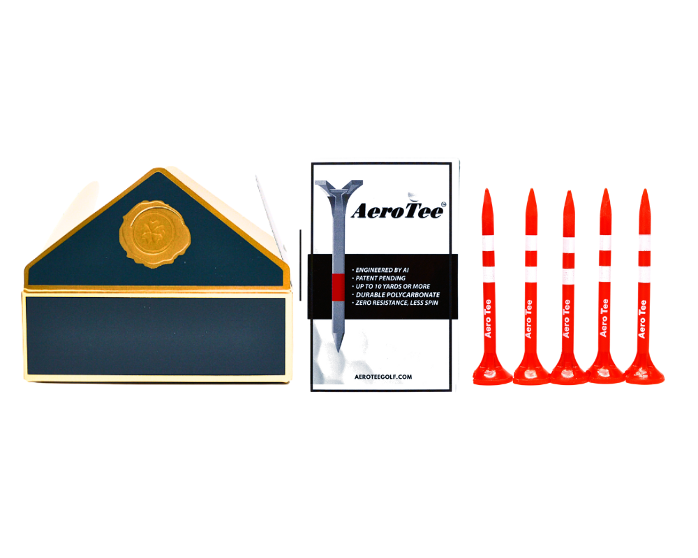 GIFT BOX with 5 of golf tees in a AeroTeeBox :  AI-Engineered and Designed with AI - Patented USGA Approved Equipment Brand
